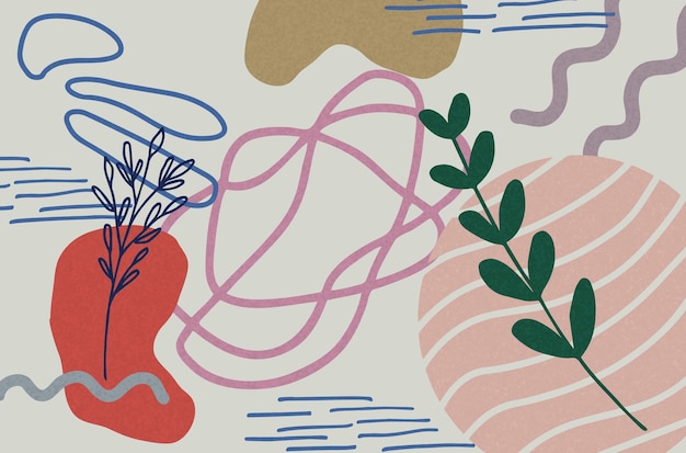 Composition abstraite avec des teintes pastel douces, des formes organiques incurvées et des éléments botaniques