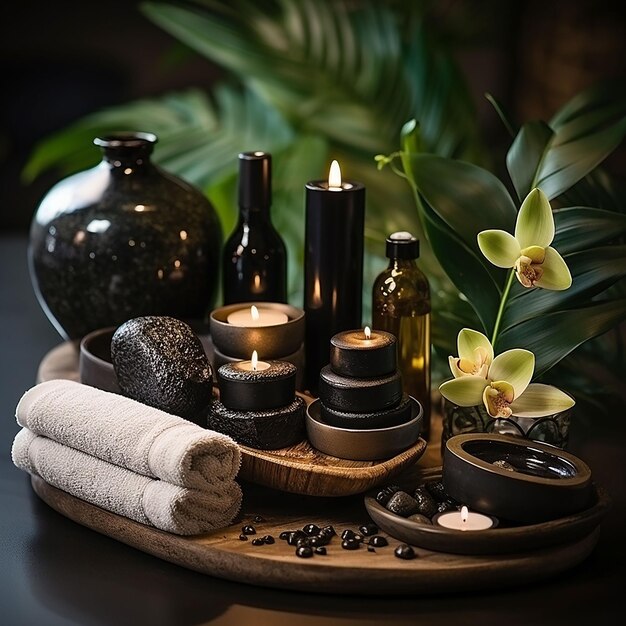 Composition d'accessoires de spa dans l'hôtel de spa de jour centre de beauté et de bien-être Le produit de spa est placé