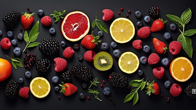 Composition alimentaire à plat avec des fruits frais et des baies multicolores