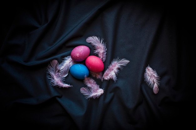 Composition Alternative De Pâques Dans Un Style Sombre Avec Des Oeufs, Des Plumes Et Des Mains De Senior Woman Over Black