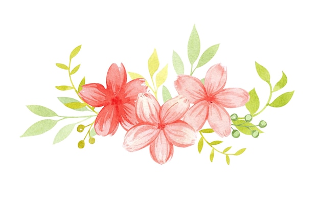 Composition en aquarelle d'un bouquet de fleurs roses avec des feuilles vertes et des baies Illustration dessinée à la main pour la conception et la décoration de cartes de vœux invitations décorations
