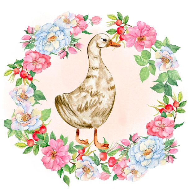 Composition à l'aquarelle d'un cadre de fleurs avec illustration dessinée à la main d'oie à l'aquarelle