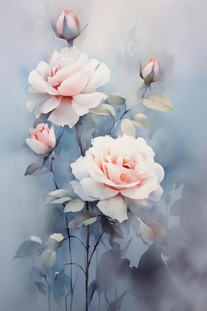 Composition aquarelle avec des feuilles roses et grises de couleur blanche rose