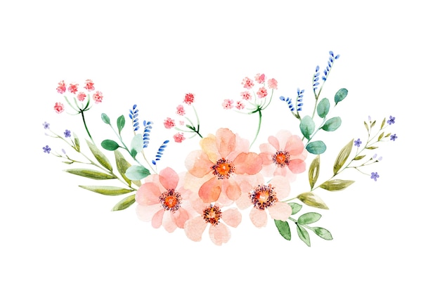 Composition aquarelle avec des fleurs et des feuilles dessinées à la main