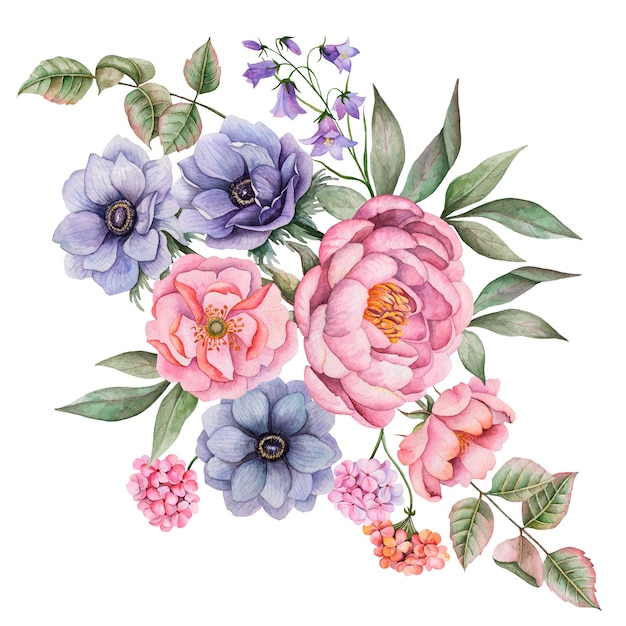 Composition aquarelle de fleurs. Illustration florale peinte à la main isolée sur blanc. Bouquet de rose, anémones, pivoine, jacinthes, géranium et feuilles.