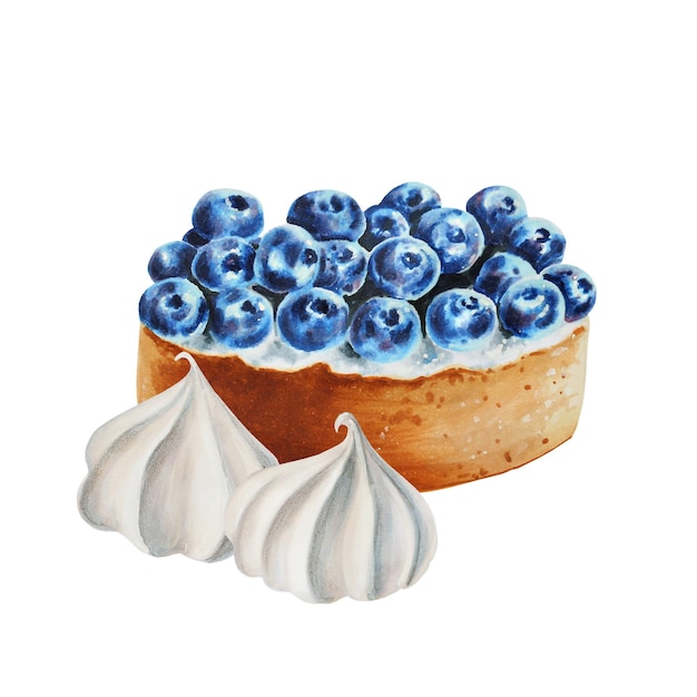 Composition aquarelle avec gâteau aux myrtilles meringuées Peinture à la main de baies juteuses sucrées sur fond blanc