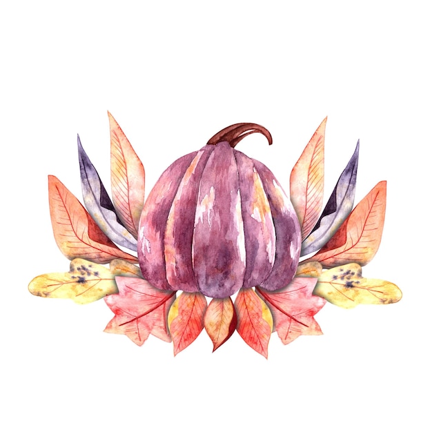 Composition à l'aquarelle avec une grande citrouille violette brillante et des feuilles d'illustration botanique