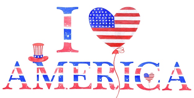 Composition d'aquarelle J'aime l'Amérique pour le jour de l'indépendance des États-Unis Les éléments sont situés sur un fond blanc Pour créer des affiches bannières cartes matériaux imprimés et d'impression