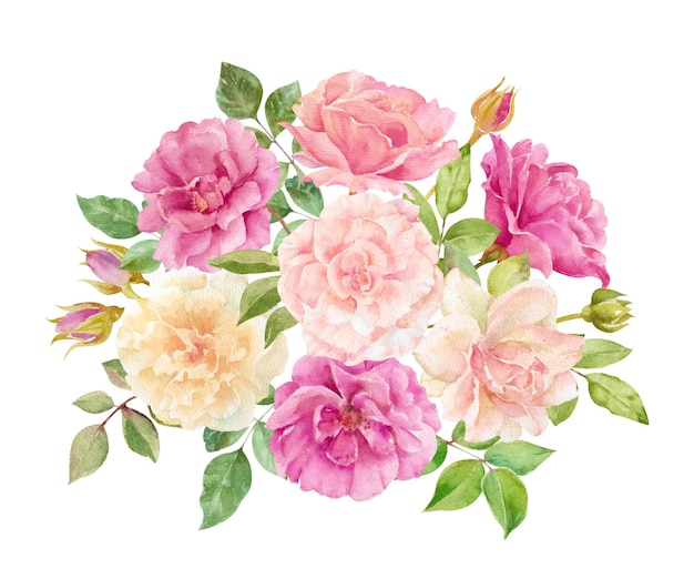 Composition à l'aquarelle de roses multicolores avec des bourgeons et des feuilles Illustration florale dessinée à la main