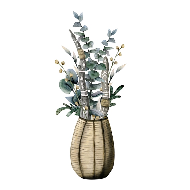 Composition aquarelle de vase marron avec des feuilles de branches d'eucalyptus et des bâtons en bois écologiques