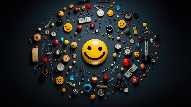 Une composition artistique mettant en vedette divers objets emoji disposés en un motif circulaire