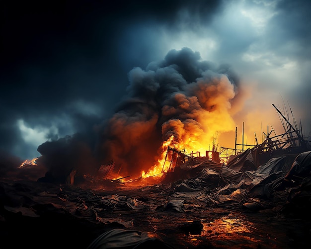 Composition artistique tragique, symbole de destruction par le feu et illustration de guerre. Créé avec AI