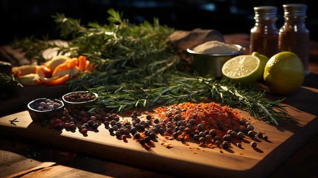 Photo composition avec un assortiment d'épices, d'herbes, de sel, de poivre, d'ail, d'herbes sur fond de bois, gros plan