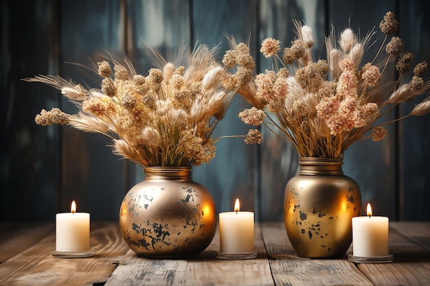 Composition d'automne de bougies et d'épillets dans des vases sur un espace de copie de fond en boisIA générative