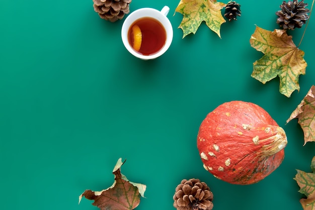 Composition d'automne. Cadre en citrouilles, feuilles séchées, pommes de pin et fond de tasse tes. Modèle automne, automne, halloween, concept d'action de grâce de récolte. Mise à plat, vue de dessus, copiez l'arrière-plan de l'espace.