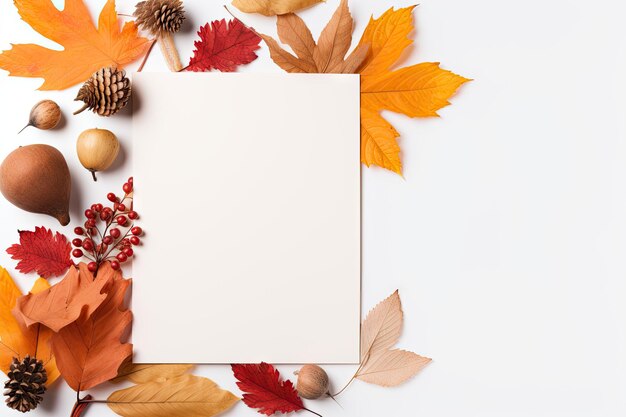 Photo composition d'automne avec une carte blanche sur fond blanc