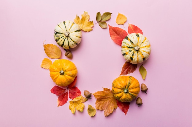 Composition d'automne Citrouilles avec feuilles d'automne sur fond coloré Vue de dessus avec espace de copie