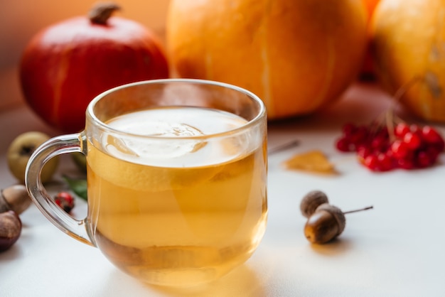 Composition d'automne confortable avec une tasse de citrouilles et de glands au thé au citron chaud