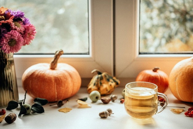 Composition d'automne confortable avec une tasse de citrouilles et de glands au thé au citron