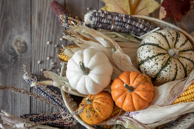 Composition d'automne avec du maïs et des feuilles de citrouilles sur un fond en bois