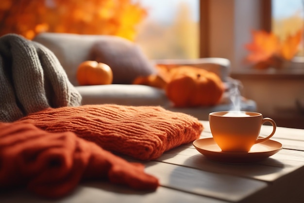 une composition d'automne avec du thé et des pulls tricotés à l'intérieur de la pièce sur un fond flou