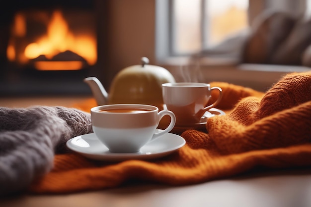 une composition d'automne avec du thé et des pulls tricotés à l'intérieur de la pièce sur un fond flou