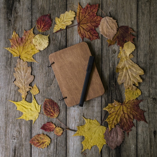 Composition d'automne avec espace de travail avec cahier vierge, crayon et belles feuilles sèches colorées