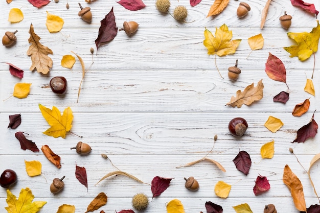 Composition d'automne faite de feuilles séchées, de cônes et de glands sur la table Vue de dessus à plat