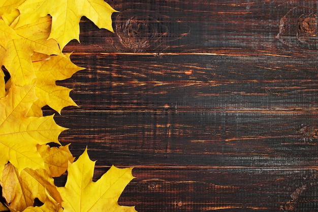 Composition d'automne de feuilles sur bois sombre.