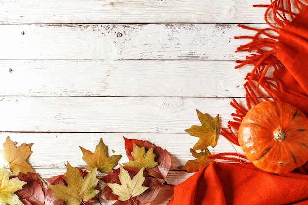 Composition d'automne de feuilles sèches et de citrouilles sur une table en bois blanche Vue de dessus