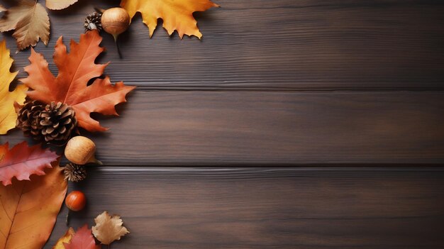 Composition d'automne avec des pommes de pin naturelles, des citrouilles et des feuilles séchées.