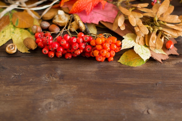 Composition d'automne sur une table en bois marron close up with copy space