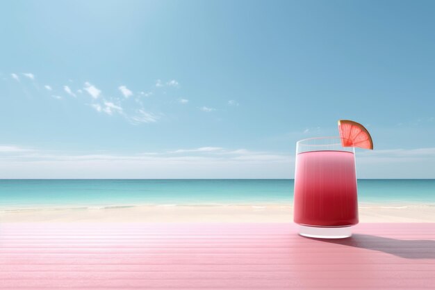 Photo composition aux couleurs pastel bleu et rose cocktail de glace sur table rose clair au bar de la plage de sable