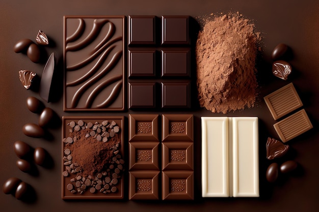 Composition de barres et de morceaux de divers chocolats au lait et noir avec du cacao râpé en vue de dessus en gros plan sur fond marron