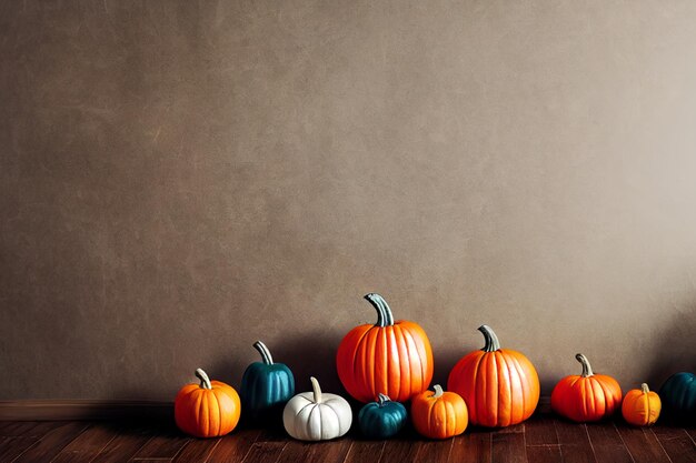 Composition de belles citrouilles sur fond clair de parquet