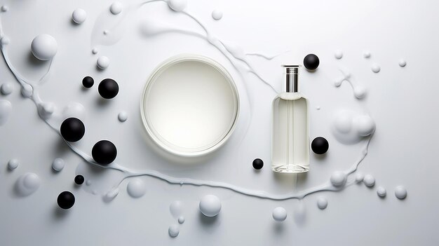 Composition avec bouteille de parfum et produit cosmétique de maquillage sur fond blanc