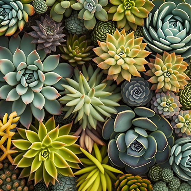 Composition carrée de diverses succulentes vue de dessus fond floral AI générative