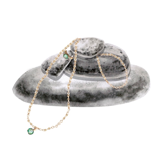 Composition de chaîne avec bracelet et anneau sur une pyramide de pierres de mer aquarelle isolée