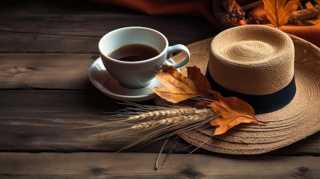 Composition chaleureuse d'automne avec un plaid gris doux et une tasse de café créée avec la technologie Generative Al