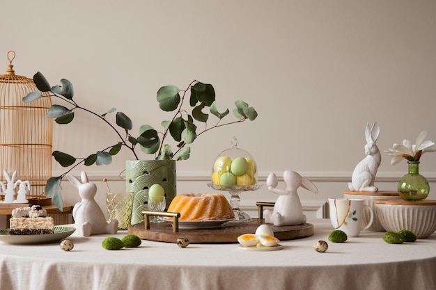 Composition chaleureuse et confortable de l'intérieur de la salle à manger de Pâques avec table ronde gâteau lièvre sculpture œufs colorés vase en bois avec feuilles et accessoires personnels Modèle de décoration