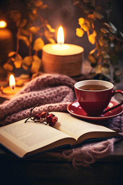 Composition chaleureuse d'hiver avec une tasse de thé chaud et des livres