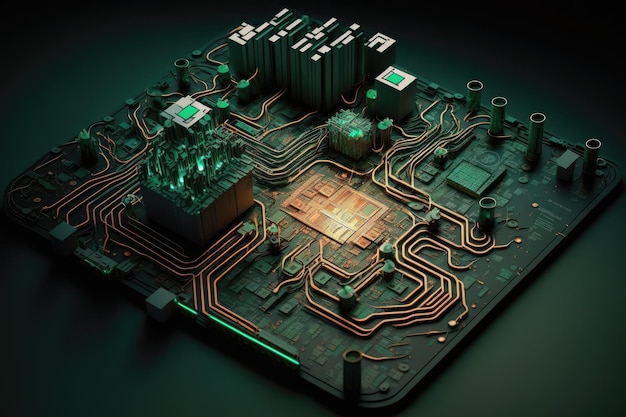 Composition de circuits imprimés pour un ordinateur au sommet d'une salle de serveurs Graphique conceptuel produit numériquement des ordinateurs de la technologie mondiale et de l'interface numérique