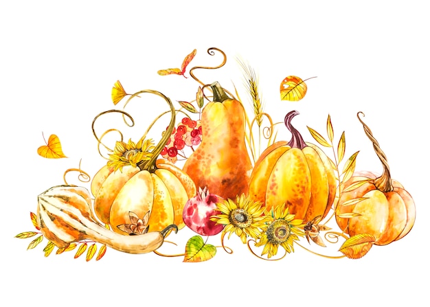 Composition de citrouilles. Aquarelle dessinée à la main sur blanc. Illustration aquarelle avec une touche. Citrouille de Thanksgiving heureuse.