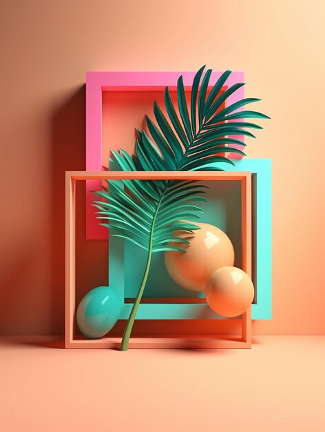 Une composition colorée avec un palmier et un cadre avec une feuille verte.