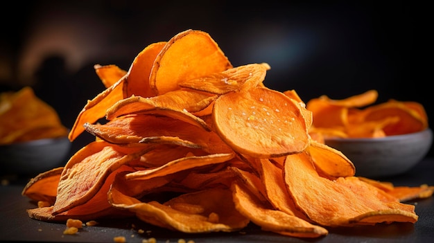 Une composition composée de chips de patates douces mettant en valeur leur couleur distincte et leur saveur sucrée