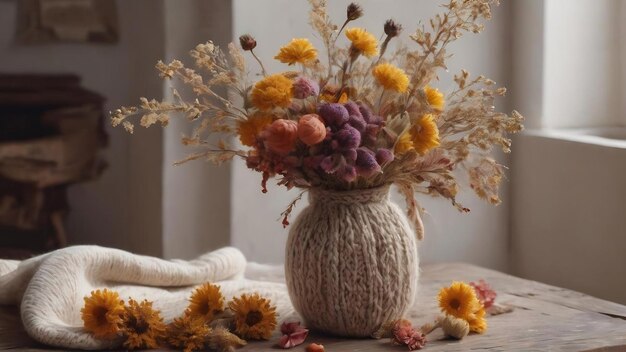 Une composition confortable avec des fleurs séchées dans un vase et un élément tricoté