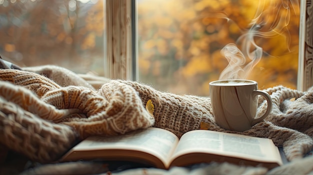 Composition confortable avec une tasse de café, un livre de thé et une couverture