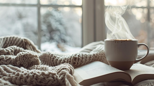 Composition confortable avec une tasse de café, un livre de thé et une couverture