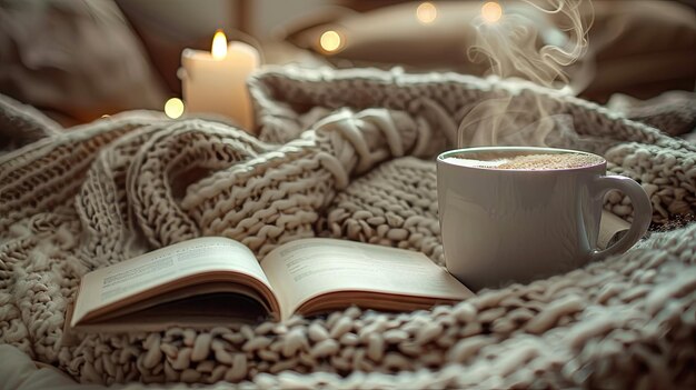 Composition confortable avec une tasse de café, un livre de thé et une couverture