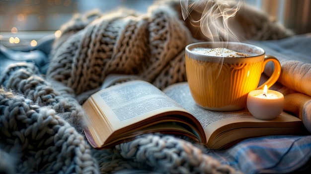 Composition confortable avec une tasse de café, un livre de thé et une couverture